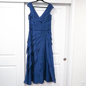 Tadashi Collection Size 14 Blue Formal Evening 100% Silk Tiered Ruffle Dress